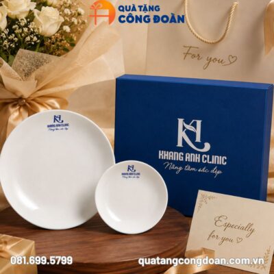 Bộ đĩa 2 món in logo Công đoàn men trắng