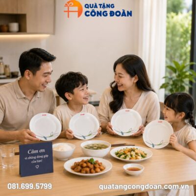 Bộ đĩa 4 món in logo Công đoàn men trắng có họa tiết