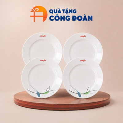 Bộ đĩa 4 món in logo Công đoàn men trắng có họa tiết