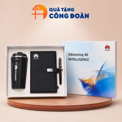 Bộ giftset 3 món gồm ly giữ nhiệt, sổ tay và bút kim loại in logo Huawei GS-09