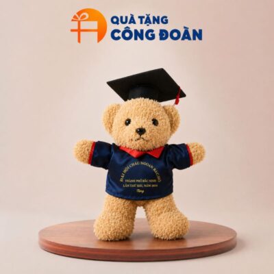 Gấu bông in logo Công đoàn màu nâu áo mặc đồng phục 30cm
