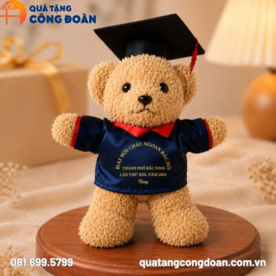 Gấu bông in logo Công đoàn màu nâu áo mặc đồng phục 30cm