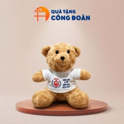 Gấu bông in logo Công đoàn màu nâu áo màu trắng 25cm