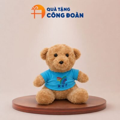 Gấu bông in logo Công đoàn màu nâu áo màu xanh dương 25cm
