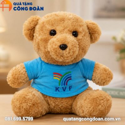 Gấu bông in logo Công đoàn màu nâu áo màu xanh dương 25cm