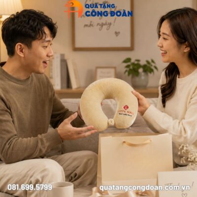 Gối chữ U vải Velboa ruột bông màu vàng kem in logo quà tặng công đoàn