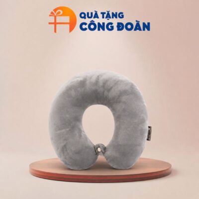 Gối chữ U vải Velboa ruột bông màu xám in logo quà tặng công đoàn