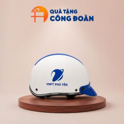 Mũ bảo hiểm in logo nửa đầu màu trắng phối xanh dương in logo công đoàn