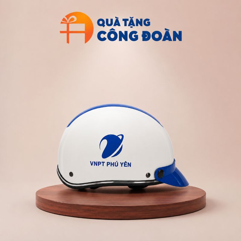 Mũ bảo hiểm in logo nửa đầu màu trắng phối xanh dương in logo công đoàn