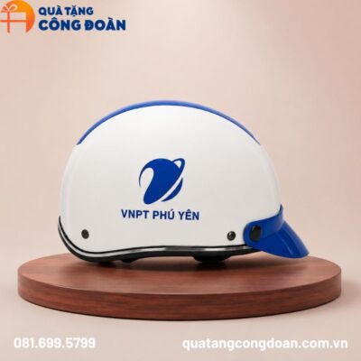 Mũ bảo hiểm in logo nửa đầu màu trắng phối xanh dương in logo công đoàn