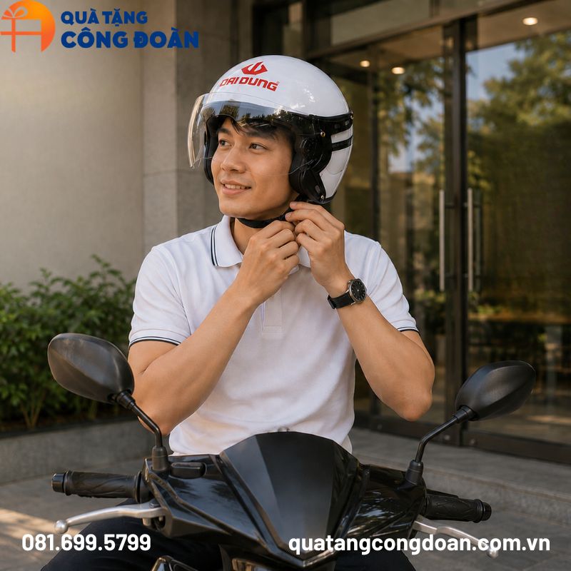 Mũ bảo hiểm nửa đầu có kính màu trắng sơn bóng in logo công đoàn