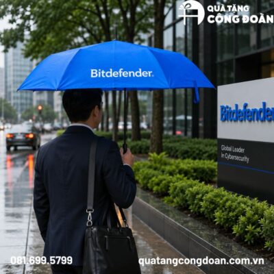 Ô dù cầm tay gấp hai bán tự động màu xanh quà tặng Công đoàn in logo