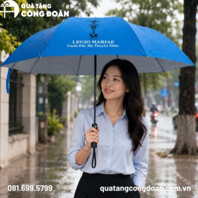 Ô dù cầm tay gấp hai bán tự động màu xanh quà tặng Đại hội in logo