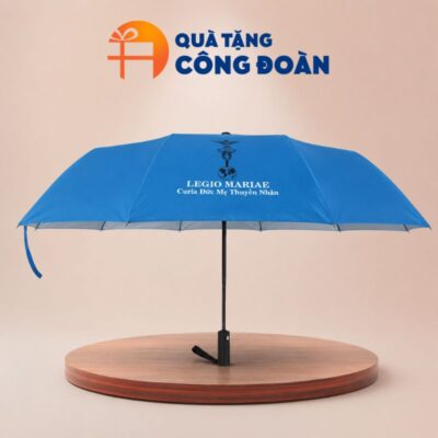 Ô dù cầm tay gấp hai bán tự động màu xanh quà tặng Đại hội in logo
