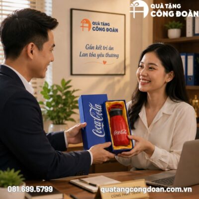 Quà tặng Công đoàn bình giữ nhiệt inox 520ml màu đỏ in logo Coca-Cola