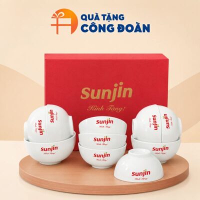 Bộ 10 bát cơm in logo men trắng gốm sứ Bát Tràng quà tặng Công đoàn BC-07