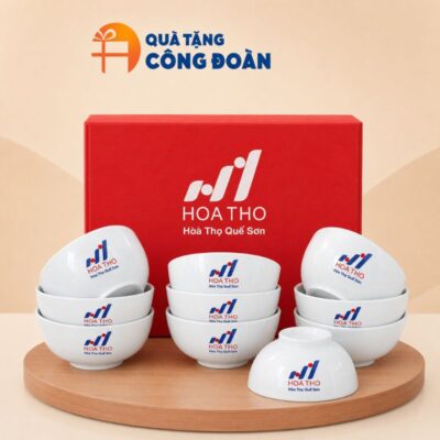 Bộ 10 bát cơm in logo men trắng gốm sứ Bát Tràng quà tặng Công đoàn BC-08