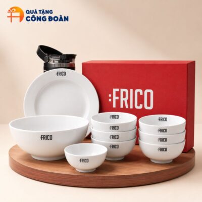 Bộ Bát Đĩa 8 Món In Logo Frico Men Trắng BĐ-06