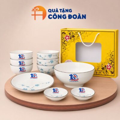 Bộ đĩa 4 món in logo Công đoàn men trắng có họa tiết BĐ-09